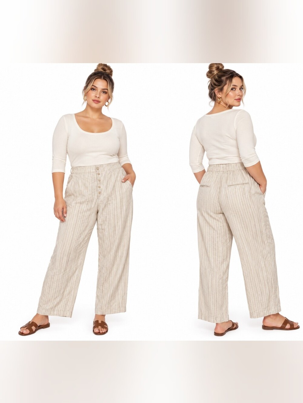NWT Universal Thread Women’s Plus SZ Linen Blend Mid-Rise Pants Striped Natural